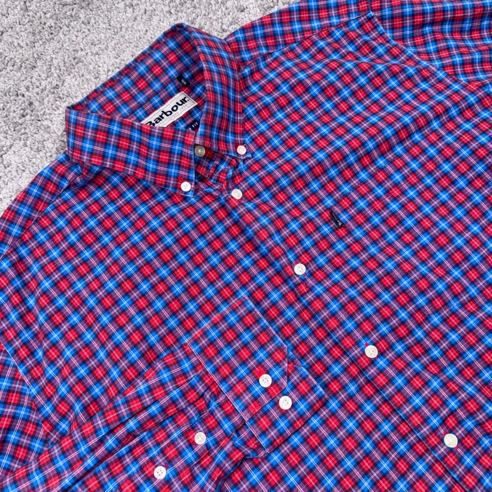 Barbour Button Down Shirt Mens Tailored Fit Plaid Red Blue Large EXCELLENT